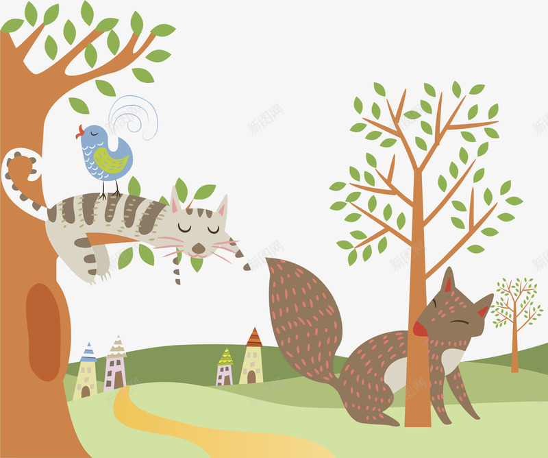 玩耍的松鼠png免抠素材_新图网 https://ixintu.com 卡通 商务 壁纸 封面 彩色 手绘 插图 松鼠 树 猫
