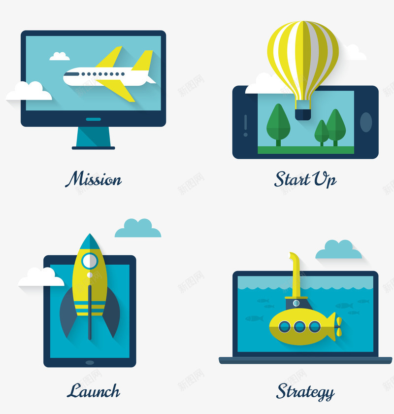 电脑手机平板png免抠素材_新图网 https://ixintu.com 平板 扁平化 手机 效果图 火箭 热气球 电脑 矢量素材 艺术 设计 飞机
