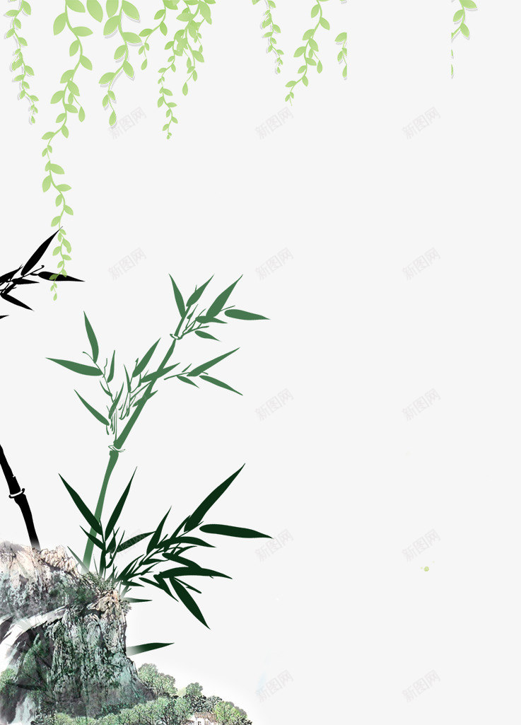 手绘植物与水墨山边框psd免抠素材_新图网 https://ixintu.com 中国风 复古 手绘山水 手绘植物 手绘画 水墨山水 水墨画 边框
