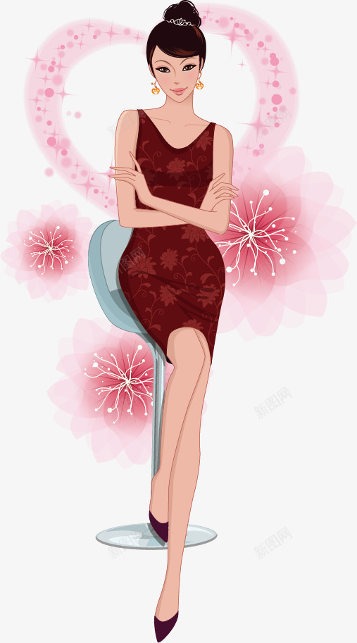 卡通美女png免抠素材_新图网 https://ixintu.com 卡通 女性 时尚 知性美女 礼服 美女 花卉背景 高跟鞋