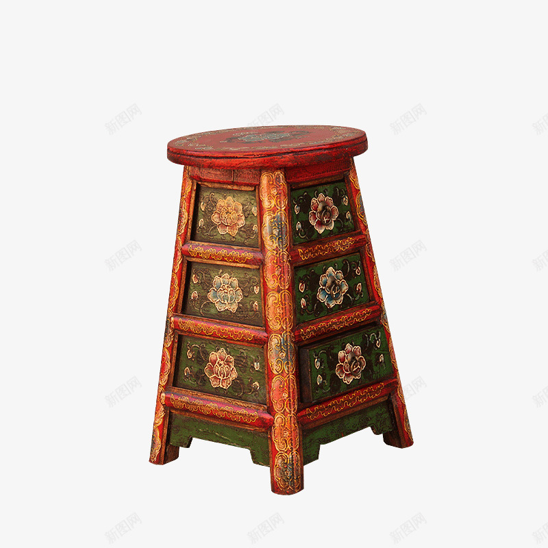 新中式家具png免抠素材_新图网 https://ixintu.com 三抽圆凳 做旧工艺家具 换鞋凳 松木彩绘