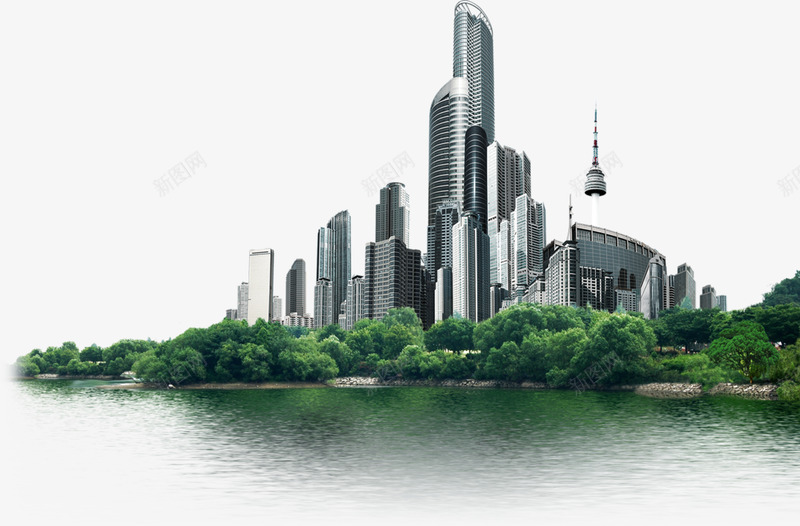 水边的城市png免抠素材_新图网 https://ixintu.com 卡通 城市 手绘 河水 绿树 绿色 银色 高楼大厦