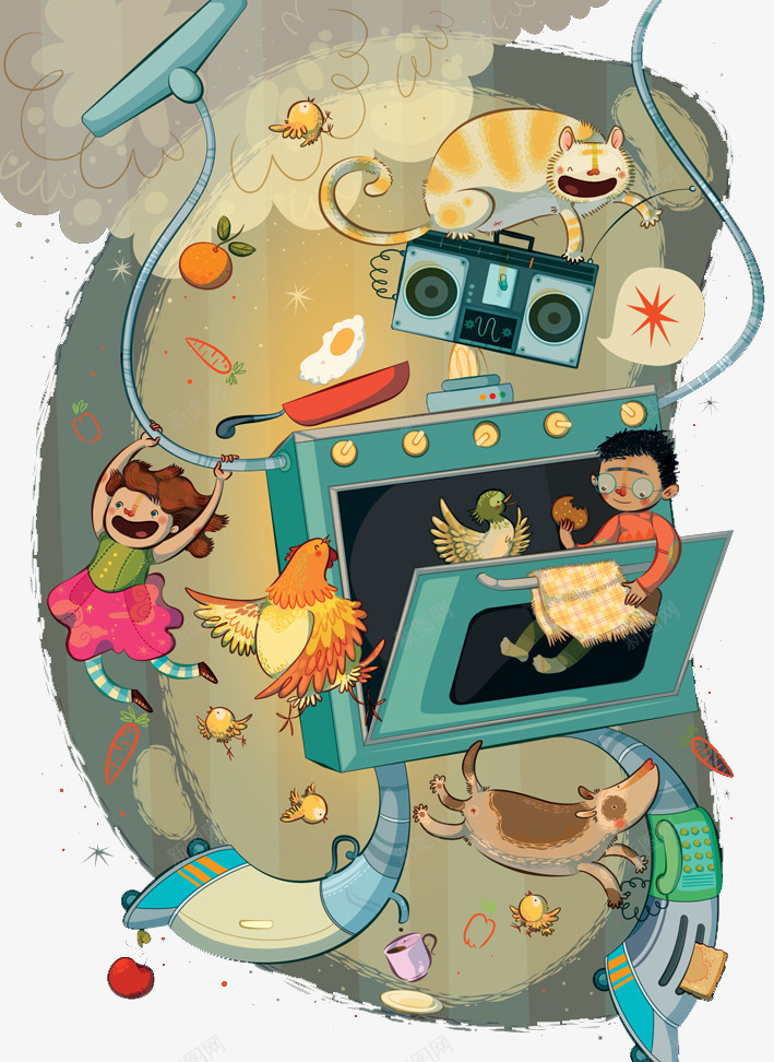 可爱机器人和孩子png免抠素材_新图网 https://ixintu.com 创意设计 卡片封面 手绘插画