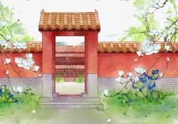 水彩红色寺庙插图素材
