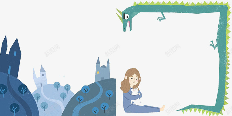 创意城堡女孩青龙png免抠素材_新图网 https://ixintu.com 创意设计 卡片封面 四圣兽 手绘插画
