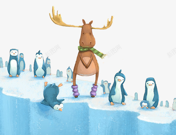 手绘南极企鹅驯鹿png免抠素材_新图网 https://ixintu.com 创意插画设计 卡通贺卡封面 手绘插画