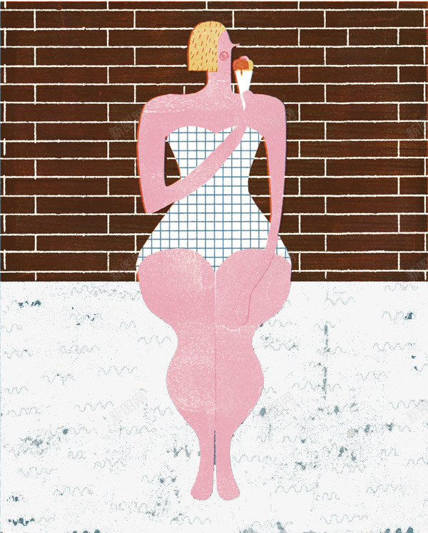 靠墙吃冰激凌的女人png免抠素材_新图网 https://ixintu.com 创意设计 卡片封面 手绘插画