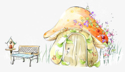 水彩花园卡通蘑菇房子高清图片