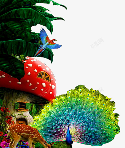 森林动物png免抠素材_新图网 https://ixintu.com 儿童乐园 六一儿童节 动画 卡通造型 奇幻森林 孔雀 梦幻 森林公园 森林精灵 精灵 蘑菇 鸟