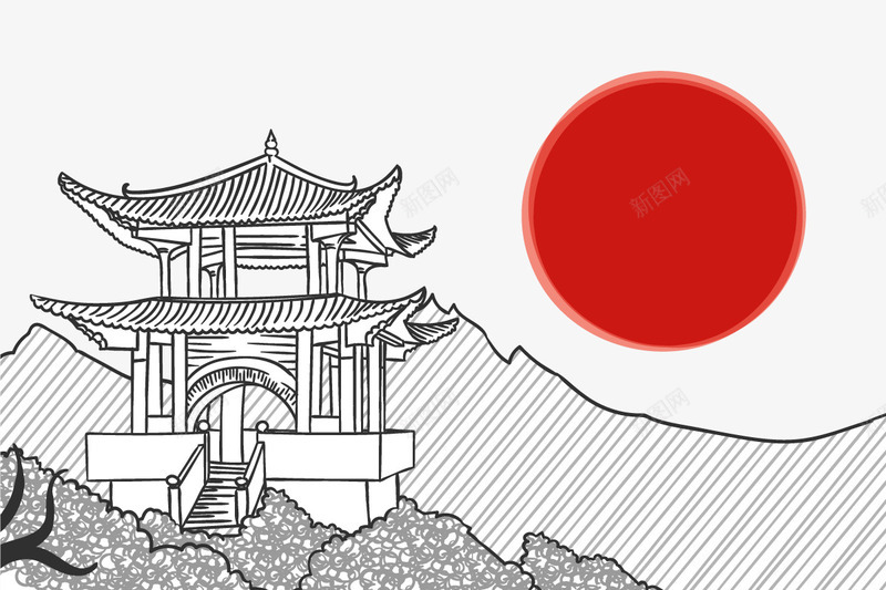 铅笔风景png免抠素材_新图网 https://ixintu.com 中国风 中式 亭子 太阳