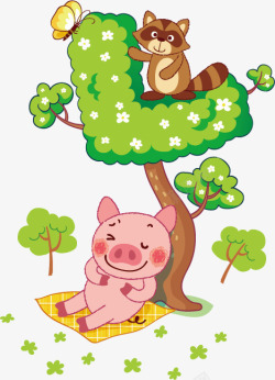睡觉的小猪树下的小猪矢量图高清图片