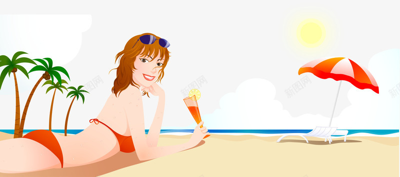 卡通比基尼美女饮料沙滩椰树png免抠素材_新图网 https://ixintu.com 卡通的椰树 卡通的美女 平面沙滩 比基尼的美女 沙滩女郎 矢量美女