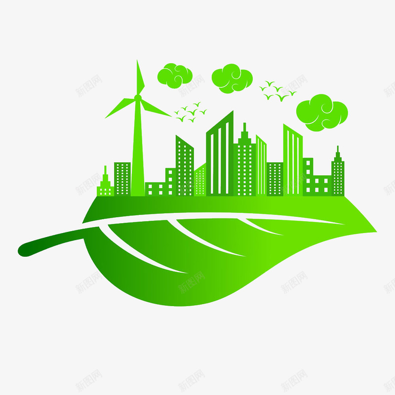 环保png免抠素材_新图网 https://ixintu.com 云朵 创意 环保素材 绿叶上的城市 风车