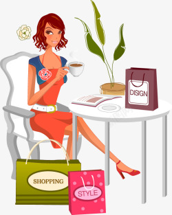 潮流购物袋设计喝咖啡的红发美女人物插画高清图片