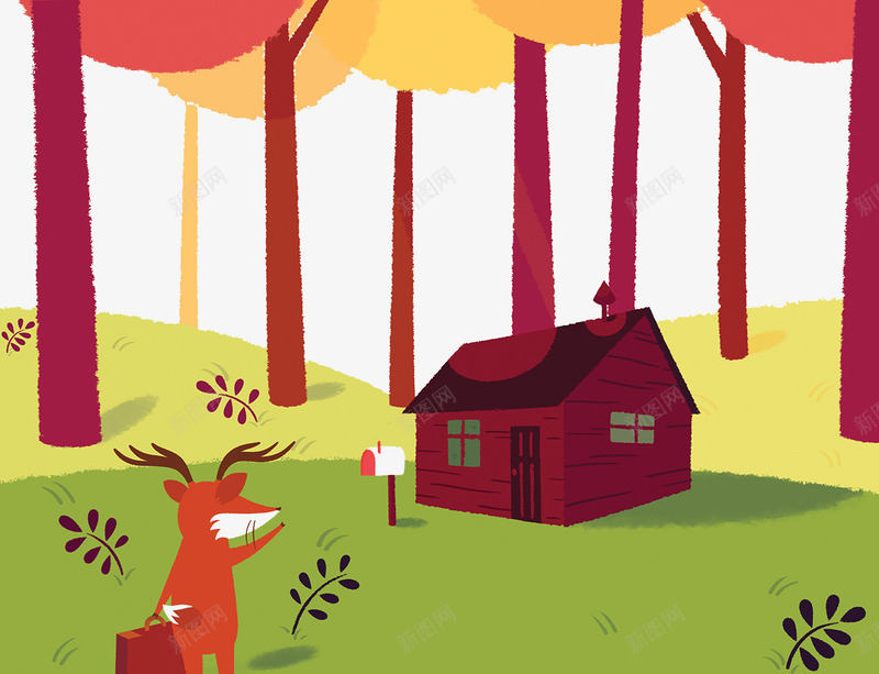 住在森林小屋的驯鹿png免抠素材_新图网 https://ixintu.com 创意设计 卡片封面 手绘插画