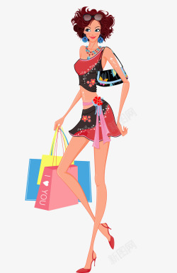 时髦女子提着购物袋的插画美女矢量图高清图片