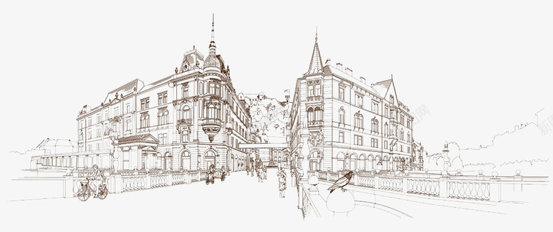城市素描插画png免抠素材_新图网 https://ixintu.com 建筑 素描街头 风景素描 风景速写
