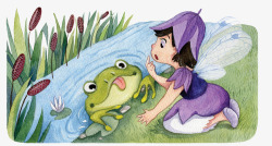 手绘水彩女孩和青蛙素材