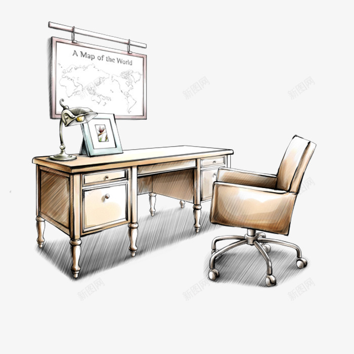 办公桌椅png免抠素材_新图网 https://ixintu.com 办公桌 地图 效果图 椅子 电话