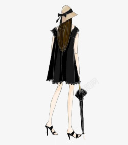 黑色连衣裙拿伞的少女高清图片