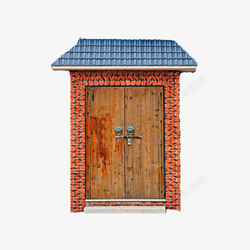 中国风门头png免抠素材_新图网 https://ixintu.com 中式门头 古风门头 木制门 砖红色背景 红色砖 蓝色门头 锁 门头设计