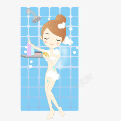 卡通女孩浴室洗澡擦身矢量图素材