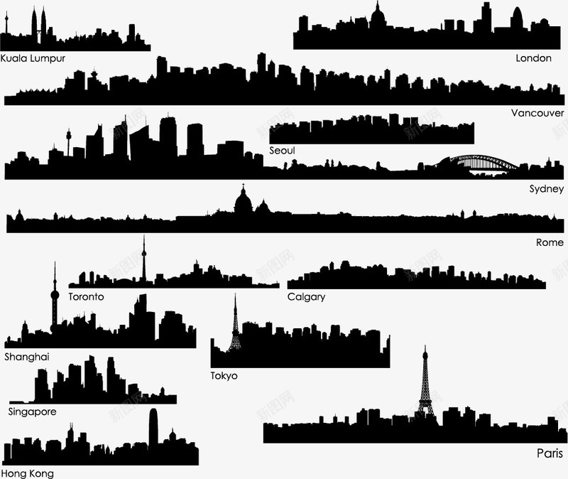 世界著名城市黑白剪影png免抠素材_新图网 https://ixintu.com 上海剪影 世界著名城市 城市剪影 巴黎剪影 黑白剪影