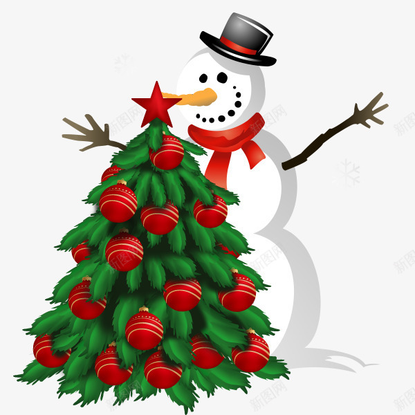 绿色圣诞树后面的雪人png免抠素材_新图网 https://ixintu.com 免抠图 圣诞树 效果图 植物 装饰图 装饰画 雪人