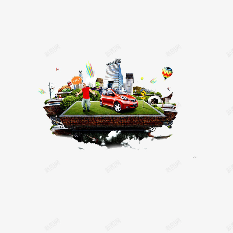 悬浮城市png免抠素材_新图网 https://ixintu.com 人类 创意 城市 悬浮 热气球 草地 车子