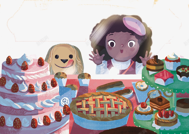 手绘女孩看着蛋糕psd免抠素材_新图网 https://ixintu.com 创意设计 卡片封面 手绘插画