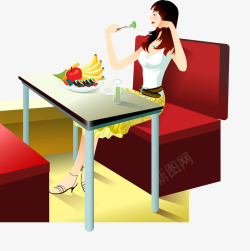 沙发美女沙发上吃水果营养餐的美女矢量图高清图片