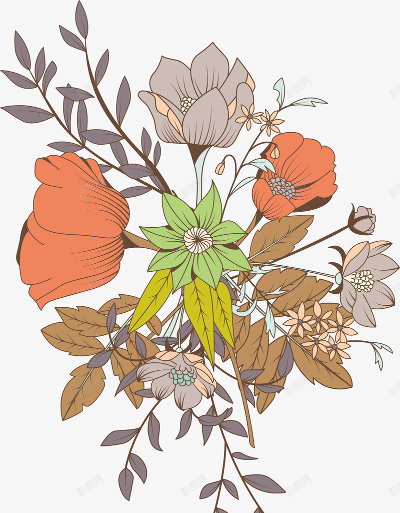花朵矢量图ai免抠素材_新图网 https://ixintu.com 卡通 叶子 复古 手绘 植物 橘色 花朵 鲜花 矢量图