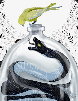 手绘瓶子里的蟒蛇素材