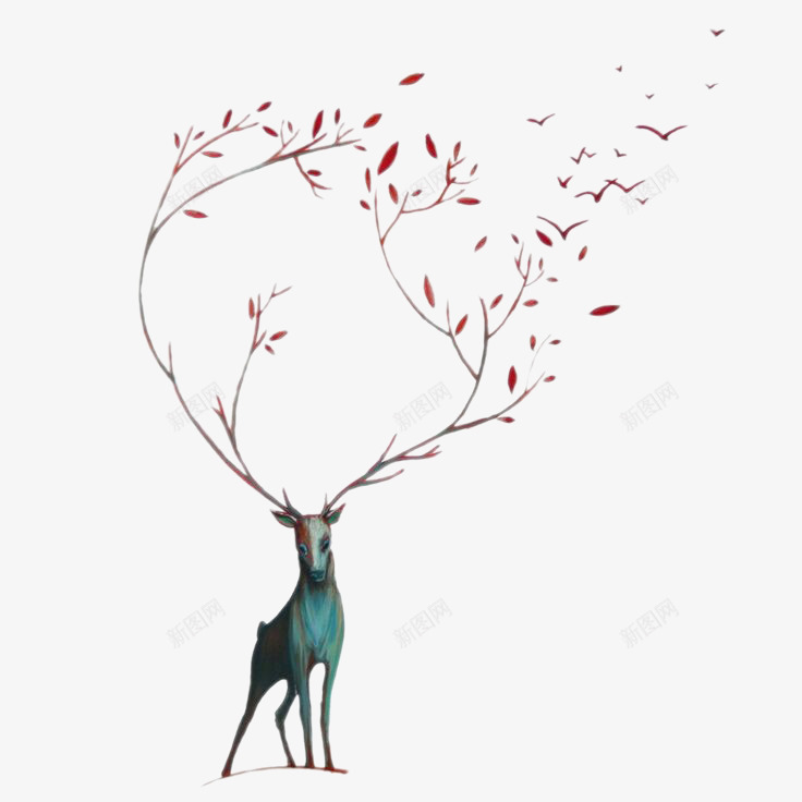 创意插画麋鹿树枝与树叶psd免抠素材_新图网 https://ixintu.com 创意插画 树叶 树枝 装饰图案 麋鹿