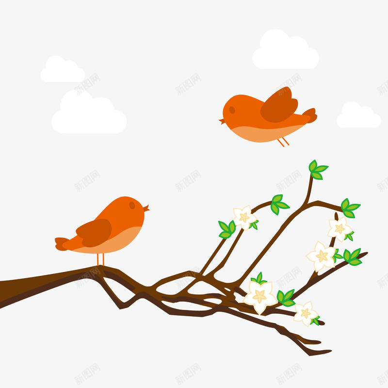 树枝上一对小鸟png免抠素材_新图网 https://ixintu.com 卡通 小黄鸟 树木 树枝 树枝上的爱情鸟 白云