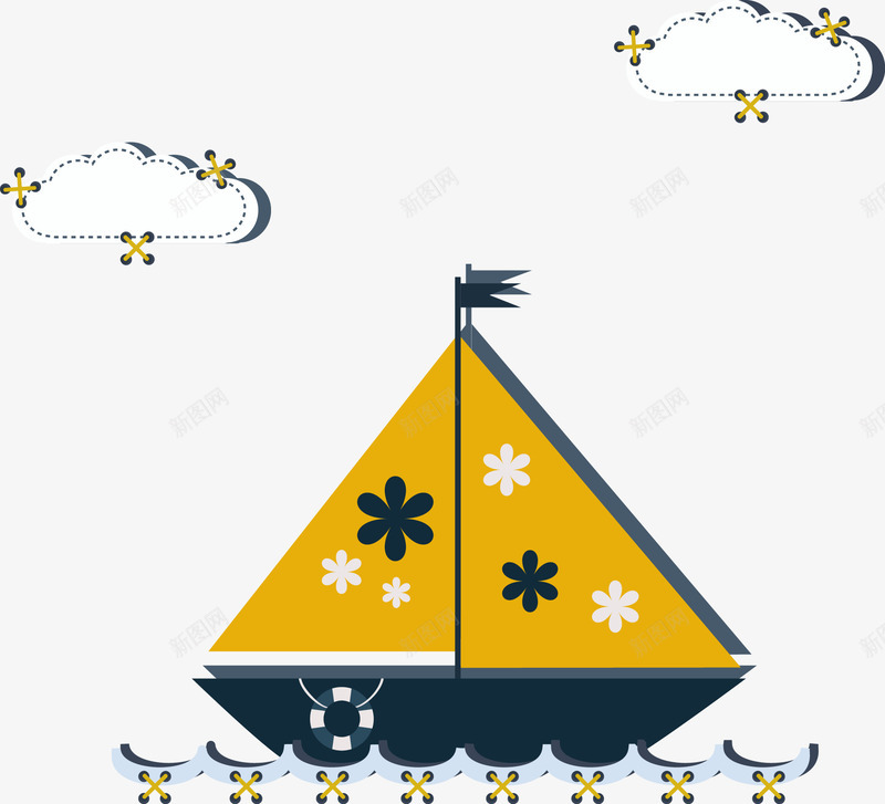 卡通可爱小船png免抠素材_新图网 https://ixintu.com 云朵 卡通小船 古代船 古船 矢量装饰 装饰图案