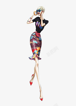 叉腰的美丽女孩插画打电话的美女高清图片