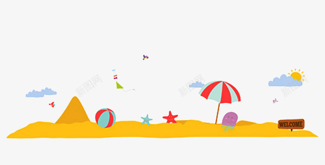 沙滩png免抠素材_新图网 https://ixintu.com 卡通插画 太阳伞 海星 海边 白云