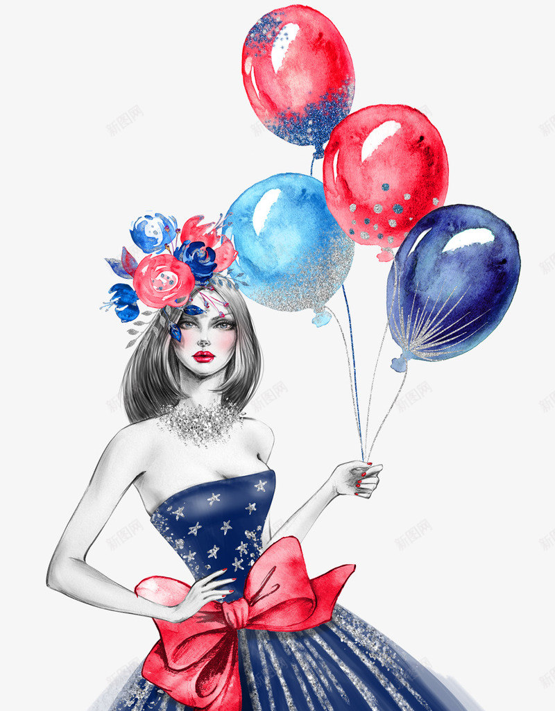 头戴花环的女人png免抠素材_新图网 https://ixintu.com 女人 手绘 气球 花簇