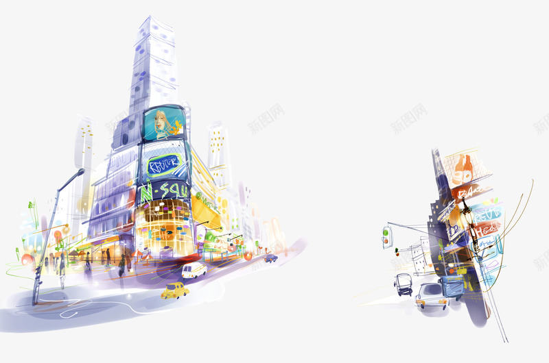 彩绘商业城市风景png免抠素材_新图网 https://ixintu.com 异域风情 彩绘商业城市风景 艺术水彩画