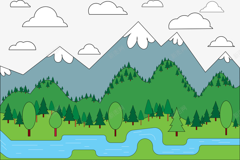 绿色风景png免抠素材_新图网 https://ixintu.com 卡通 流水 白云 蓝天草原 雪山