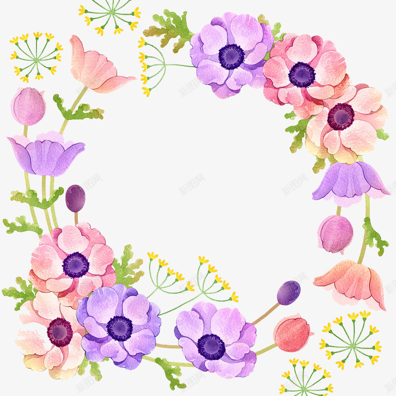 创意简约花环装饰图png免抠素材_新图网 https://ixintu.com 卡通手绘 叶子 圆形 圆环 水彩 粉色 紫色 花朵 鲜花
