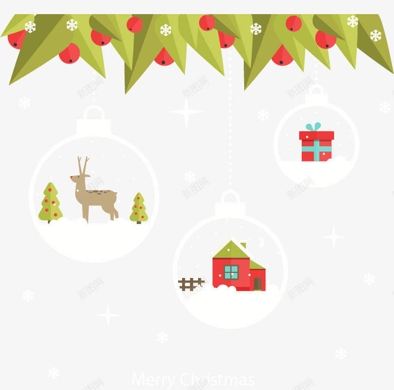 可爱白色圣诞球矢量图eps免抠素材_新图网 https://ixintu.com 圣诞球 星光 矢量素材 绿叶边框 透明圣诞球 矢量图