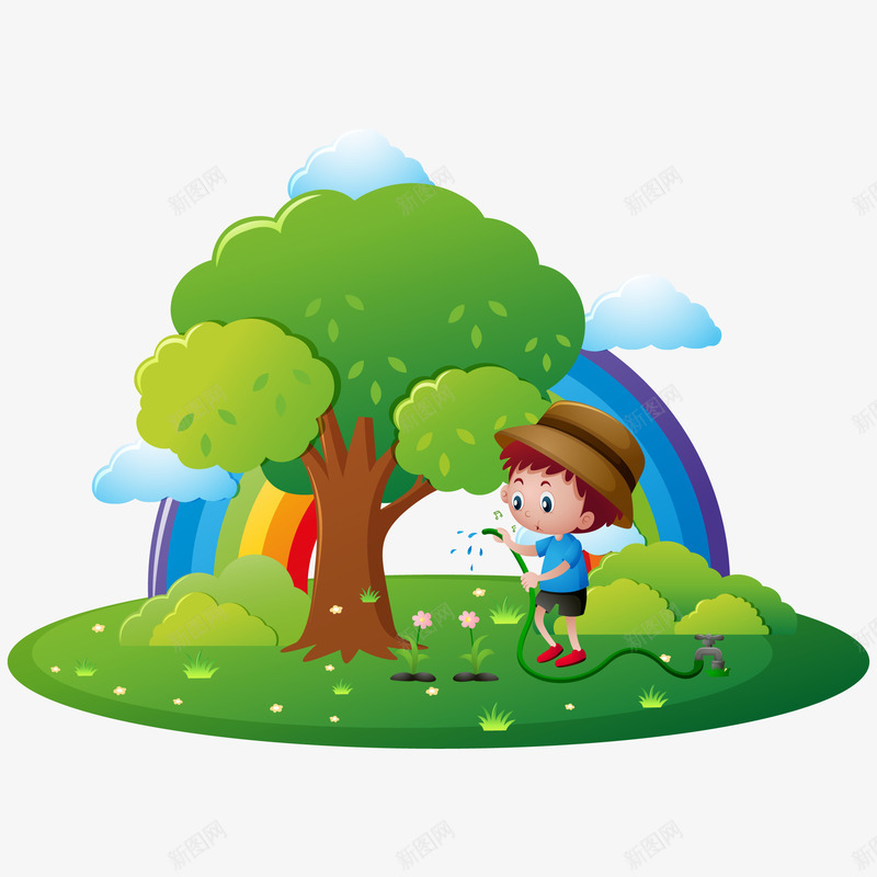 男孩给树浇水插图png免抠素材_新图网 https://ixintu.com 彩虹 树 浇水 男孩 白云 矢量插图