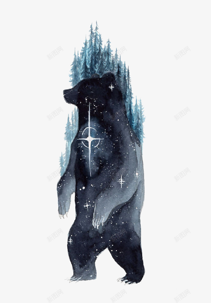 森林中的黑熊png免抠素材_新图网 https://ixintu.com 双重曝光 星光 森林 黑熊