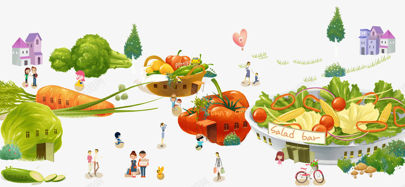 城市和蔬菜png免抠素材_新图网 https://ixintu.com 包菜 卡通 小人 建筑 沙拉 番茄 胡萝卜 蔬菜瓜果