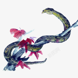 中国风水墨蛇盘旋在树枝上素材