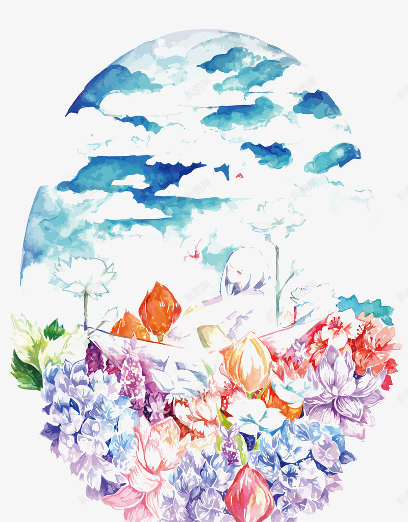 水彩天空下的花卉png免抠素材_新图网 https://ixintu.com PNG PNG免费下载 PNG图片 手绘 水彩 白云 花朵 蓝天
