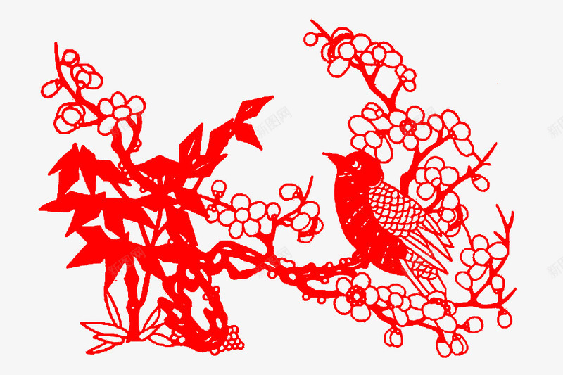 红色剪纸png免抠素材_新图网 https://ixintu.com 中国风 剪纸 小鸟 树枝 红色 纹样 花卉