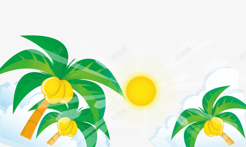 卡通手绘太阳椰树白云png免抠素材_新图网 https://ixintu.com 卡通的椰树 手绘的太阳 矢量的白云 矢量的风景